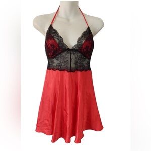 Victoria’s Secret Red Black Satin Halter Chemise Nightie Lace Chest Size Medium